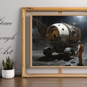 Op de afbeelding: Een ingelijst schilderij dat een futuristisch, zilver en zwart ruimteschip op een maanachtig oppervlak toont. Een eenzame astronaut in een oranje ruimtepak staat op de voorgrond en kijkt naar het ruimteschip.