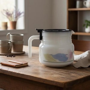 Könnte beinhalten: Eine weiße Emaille-Kanne mit schwarzem Rand und Griff, verziert mit Blumen- und Blattmotiven in Pastellfarben. Die Kanne steht auf einem Holztisch, zusammen mit einem Notizbuch und Tassen.