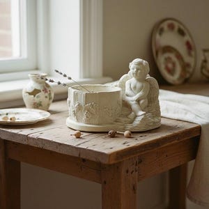 Peut inclure: Une figurine d'ange crème est placée à côté d'une jardinière assortie avec un motif floral, tenant des tiges de lavande séchées. Une petite assiette et un vase à motifs floraux sont également sur la table en bois rustique. Articles décoratifs.