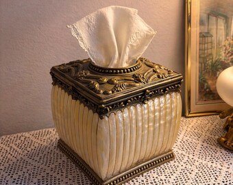 Vintage Pearlized Tissue Box Cover Ornate Gold Metal Kleenex Holder Hollywood Regency Luxury Vanity Decor