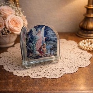 Vintage Guardian Angel Bridge Glass Desk Frame – Catholic Religious Decor – Angel Protecting Children