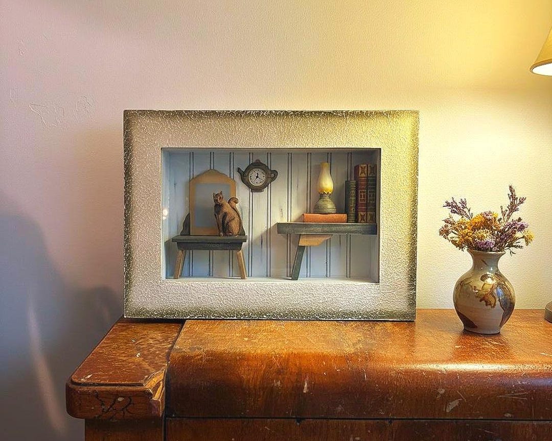 Shadow Box For Miniatures Shadow Box Miniature Display Frame – Library Scene With Cat, Antique ...