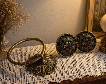 Vintage Brass Bathroom Set Towel Ring + Wall Hooks Ornate Floral Hollywood Regency Wall Hardware Set