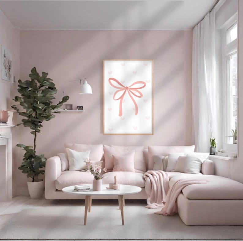 Cute Coquette Bow Printable Wall Art Flirty Pink Hearts Decor Trendy ...