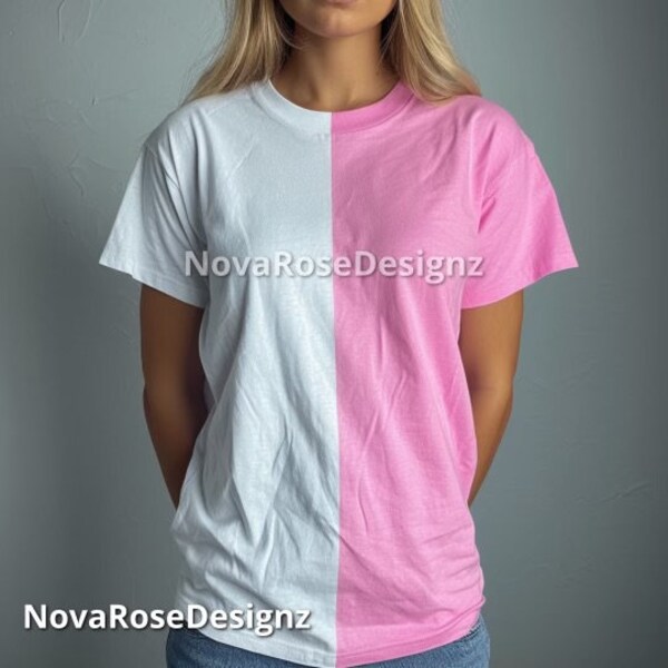 Half pink half white T-shirt, color block split 2 two tone combo print, designer light weight, Gildan crewneck short sleeve unisex shirt