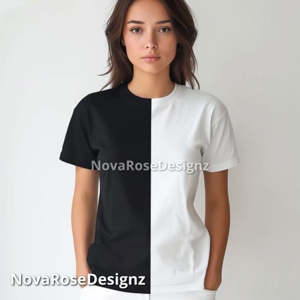 Half black half white T-shirt, color block split 2 two tone combo print, designer light weight, Gildan crewneck short sleeve unisex shirt