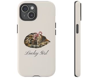 Kokette Katze handgemalte robuste Handyhülle | iPhone 17/16/15/14/13 Pro Max XR | Lucky Girl Handyhülle | Kätzchen mit Schleife, Cool Girl Ästhetik
