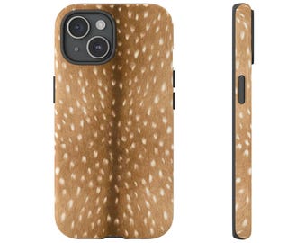 May include: A phone case with a brown and white spotted pattern, resembling deer fur. The case has a black border and camera cutout. The side view shows the case's thickness and button placement. The design is a unique and stylish accessory.