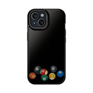 May include: Black phone case featuring a glossy finish and a design of colorful billiard balls. The balls are numbered 2, 4, 5, 6, 8, and 9, and are arranged at the bottom of the case.