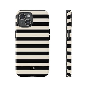 May include: A phone case with a black and cream horizontal striped pattern. The case has a camera cutout and side buttons. The initials "RL" are at the bottom. The case is shown from the front and side.