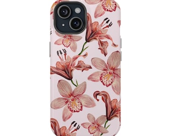 MagSafe Handgemalte rosa Blumen robuste Handyhülle, magnetisch | iPhone 17/16/15/14/13 Pro Max XR | Trendy Tiger Lily Blumen-Telefon-Kasten, niedlich