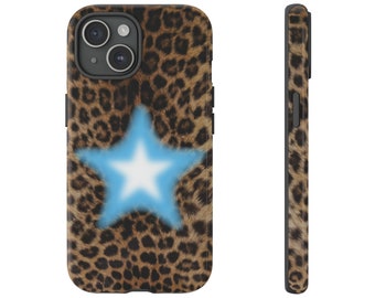 Robustes Aura Etoile Bleue À Imprimé Léopard | iPhone 15/14/13/12/11 Pro Max XR | Galaxy S23/S22/S21 Ultra | Pixel 6/7/8 Pro | Fille étoile