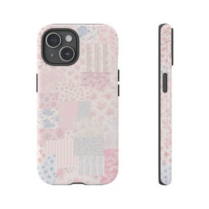 May include: A phone case with a patchwork design in shades of pink, blue, and white. The case features a floral pattern and a camera cutout. The side view shows the case's slim profile and button placement.