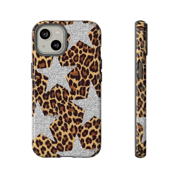 Leopard Print and Silver Star Phone Case | iPhone 15/14/13/12/11 Pro Max XR | Galaxy S23/S22/S21 Ultra | Pixel 6/7/8 Pro | Tough Cases