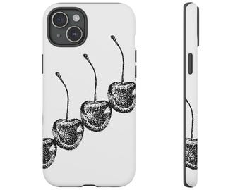Black and White Cherries Hand Drawn Tough Phone Case | iPhone 17/16/15/14/13 Pro Max XR | Galaxy S23/S22/S21 Ultra | Pixel 6/7/8, Cool Girl