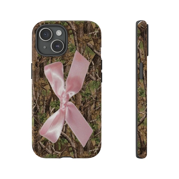 Camo and Pink Bow Cute Phone Case | iPhone 15/14/13/12/11 Pro Max XR | Galaxy S23/S22/S21 Ultra | Pixel 6/7/8 Pro | Tough Cases | Cool Girl