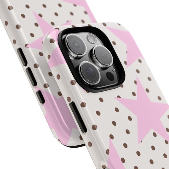 ポルカドットピンクの星柄タフフォンケース、iPhone 17ケース、保護
