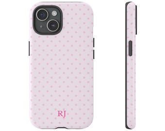 Funda personalizada con inicial rosa de lunares, funda personalizada con monograma para iPhone, funda protectora resistente para Samsung con nombre moderno, funda para teléfono preppy