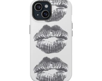 May include: White phone case with three gray lipstick kiss marks printed on the back.