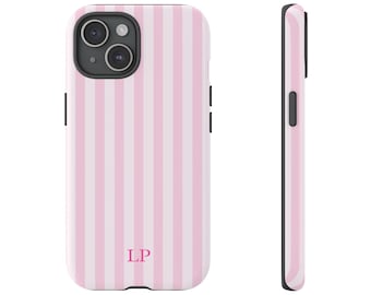 Aangepaste initiaal roze streep telefoon, gepersonaliseerde iPhone-hoes met monogram, trendy Samsung-beschermende naamhoes, eenvoudig preppy telefoonhoesje