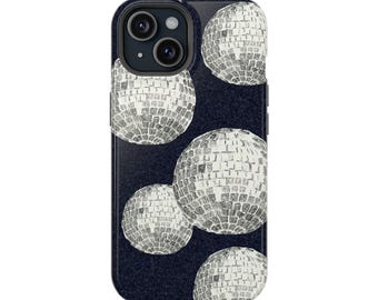 May include: A navy blue phone case with a pattern of white disco balls. The case is designed for a phone with a camera bump.