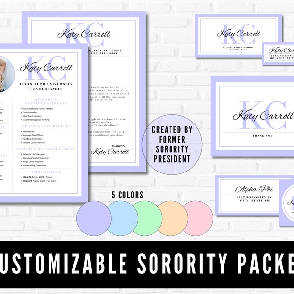 Editable Sorority Recruitment Packet | Customizable Sorority Packet Template | Digital Sorority Resume With Example Cover Letter | Pastel