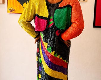 Vestido vintage de lentejuelas y bolero a juego, talla XL / Conjunto de arte para vestir con bloques de color de los años 80 / Vestido de noche impactante / Moda glamurosa y atrevida