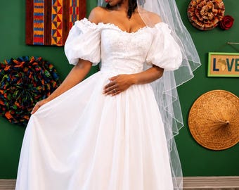 Vestido de novia vintage de los años 80, vestido de novia con mangas abullonadas, vestido de novia romántico de encaje con hombros descubiertos, novia de princesa de cuento de hadas, cola larga, cotta