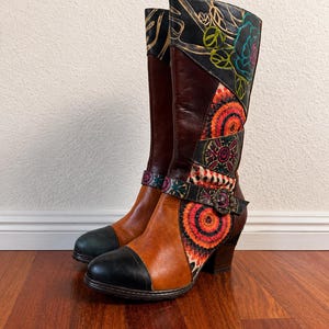 L’Artiste Spring Step Leather Mid Calf Boots | Colorful Patchwork Boho Boots | Women’s EU 36 | Art to Wear Heeled Boots