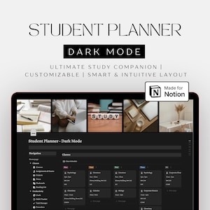 Plantilla de planificador estudiantil de Notion (modo oscuro) / Organizador académico para objetivos, tareas y cursos / Seguimiento de tareas, proyectos, lecturas y presupuesto imagen 1