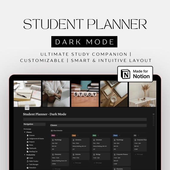 Notion Student Planner Template (Dark Mode) | Academic Organizer for Goals, Assignments & Courses | Track Tasks, Projects, Reading, Budget