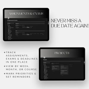 Puede incluir: Una captura de pantalla de una pantalla de computadora que muestra una aplicaci&oacute;n de tema oscuro dise&ntilde;ada para ayudar a los usuarios a realizar un seguimiento de las tareas, los ex&aacute;menes y las fechas l&iacute;mite. La aplicaci&oacute;n tiene secciones para tareas y ex&aacute;menes, as&iacute; como para proyectos. El texto en la pantalla dice "Assignments & Exams" y "Projects". El texto debajo de la pantalla dice "Realiza un seguimiento de las tareas, los ex&aacute;menes y las fechas l&iacute;mite en un solo lugar. Ver por semana, mes o curso. Marca las prioridades y establece recordatorios. &iexcl;No vuelvas a perder una fecha l&iacute;mite!"