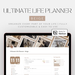 Puede incluir: Una interfaz de planificador digital titulada Ultimate Life Planner en beige, mostrada en una pantalla. El diseño incluye un encabezado con collages de fotos, una lista de tareas, un calendario, barras de progreso anual y un menú de navegación.