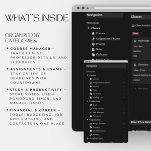 Puede incluir: Una captura de pantalla en blanco y negro de una pantalla de computadora que muestra un programa con una lista de funciones organizadas por categor&iacute;as. Las categor&iacute;as incluyen Administrador de cursos, Tareas y ex&aacute;menes, Estudio y productividad, y Finanzas y carrera. El programa est&aacute; dise&ntilde;ado para ayudar a los estudiantes a administrar su trabajo escolar y su vida personal.