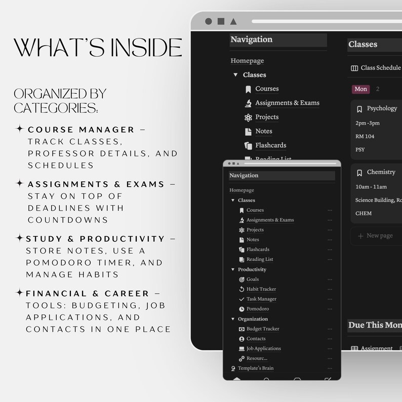 Puede incluir: Una captura de pantalla en blanco y negro de una pantalla de computadora que muestra un programa con una lista de funciones organizadas por categor&iacute;as. Las categor&iacute;as incluyen Administrador de cursos, Tareas y ex&aacute;menes, Estudio y productividad, y Finanzas y carrera. El programa est&aacute; dise&ntilde;ado para ayudar a los estudiantes a administrar su trabajo escolar y su vida personal.