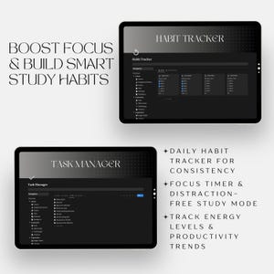 Puede incluir: Una pantalla de computadora gris oscuro con el texto "HABIT TRACKER" y "TASK MANAGER" mostrado en la pantalla. La pantalla muestra una aplicaci&oacute;n de seguimiento de h&aacute;bitos y gesti&oacute;n de tareas. El texto "BOOST FOCUS & BUILD SMART STUDY HABITS" se muestra en el lado izquierdo de la imagen. El texto "DAILY HABIT TRACKER FOR CONSISTENCY", "FOCUS TIMER & DISTRACTION-FREE STUDY MODE", "TRACK ENERGY LEVELS & PRODUCTIVITY TRENDS" se muestra en el lado derecho de la imagen.