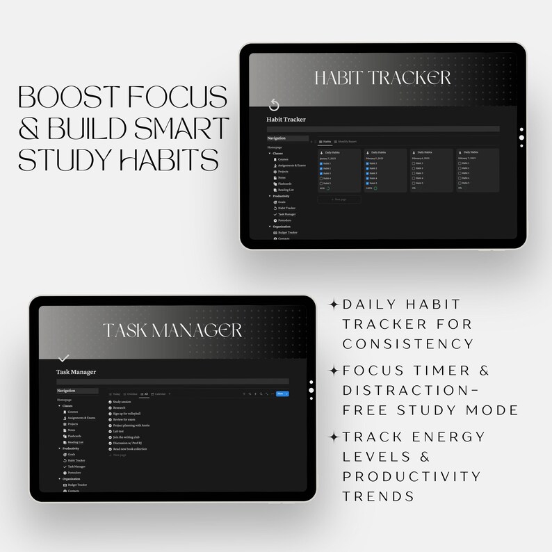 Puede incluir: Una pantalla de computadora gris oscuro con el texto "HABIT TRACKER" y "TASK MANAGER" mostrado en la pantalla. La pantalla muestra una aplicaci&oacute;n de seguimiento de h&aacute;bitos y gesti&oacute;n de tareas. El texto "BOOST FOCUS & BUILD SMART STUDY HABITS" se muestra en el lado izquierdo de la imagen. El texto "DAILY HABIT TRACKER FOR CONSISTENCY", "FOCUS TIMER & DISTRACTION-FREE STUDY MODE", "TRACK ENERGY LEVELS & PRODUCTIVITY TRENDS" se muestra en el lado derecho de la imagen.
