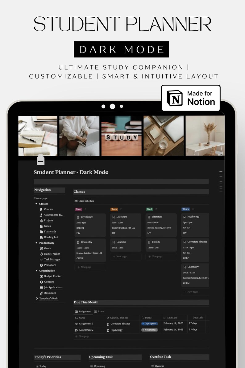 Plantilla de planificador estudiantil de Notion (modo oscuro) / Organizador académico para objetivos, tareas y cursos / Seguimiento de tareas, proyectos, lecturas y presupuesto imagen 10