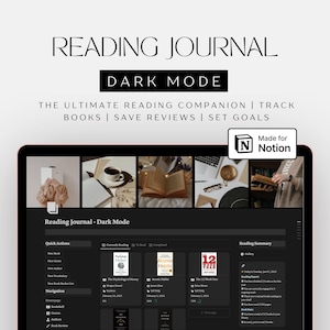 Puede incluir: Una plantilla de diario de lectura digital para Notion con una interfaz en modo oscuro. El diseño incluye secciones para acciones rápidas, navegación, un resumen de lectura y una vista de galería de portadas de libros como Atomic Habits.