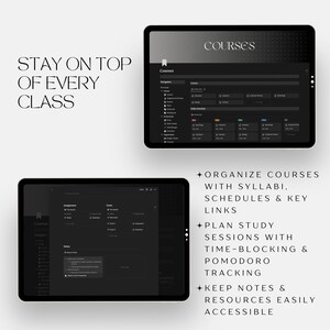 Puede incluir: Una captura de pantalla de una pantalla de computadora que muestra una interfaz de aplicaci&oacute;n gris oscuro con la palabra "Courses" en texto blanco en la parte superior. La aplicaci&oacute;n est&aacute; dise&ntilde;ada para ayudar a los estudiantes a organizar sus cursos, planificar sesiones de estudio y mantener notas y recursos f&aacute;cilmente accesibles. El texto "ORGANIZE COURSES WITH SYLLABI, SCHEDULES & KEY LINKS", "PLAN STUDY SESSIONS WITH TIME-BLOCKING & POMODORO TRACKING", y "KEEP NOTES & RESOURCES EASILY ACCESSIBLE" se muestra en texto blanco sobre un fondo negro.
