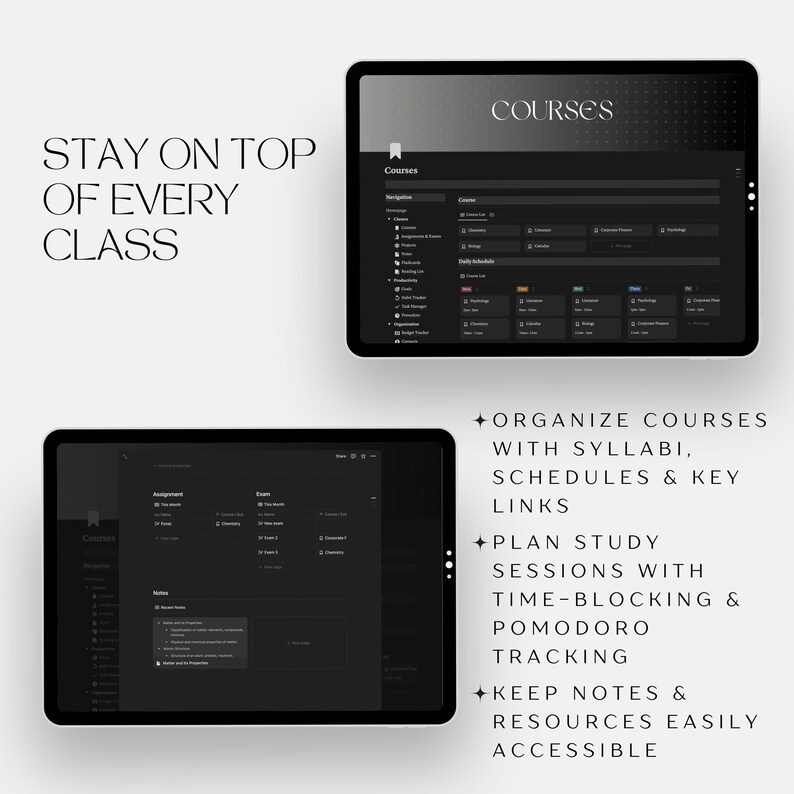 Puede incluir: Una captura de pantalla de una pantalla de computadora que muestra una interfaz de aplicaci&oacute;n gris oscuro con la palabra "Courses" en texto blanco en la parte superior. La aplicaci&oacute;n est&aacute; dise&ntilde;ada para ayudar a los estudiantes a organizar sus cursos, planificar sesiones de estudio y mantener notas y recursos f&aacute;cilmente accesibles. El texto "ORGANIZE COURSES WITH SYLLABI, SCHEDULES & KEY LINKS", "PLAN STUDY SESSIONS WITH TIME-BLOCKING & POMODORO TRACKING", y "KEEP NOTES & RESOURCES EASILY ACCESSIBLE" se muestra en texto blanco sobre un fondo negro.