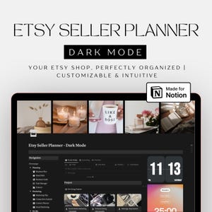 Puede incluir: Una plantilla de planificador digital para vendedores de Etsy en modo oscuro, diseñada para Notion. La interfaz incluye una barra de navegación, listas de tareas, secciones de gestión de proyectos y un widget de reloj. Texto: Etsy Seller Planner, Dark Mode, Made for Notion.