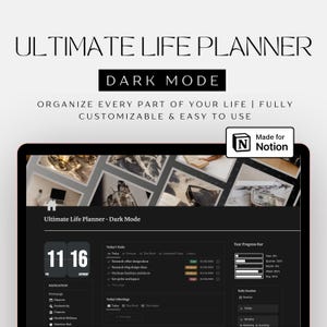 Puede incluir: Una plantilla de planificador de vida digital para Notion con interfaz en modo oscuro. La pantalla muestra un panel con reloj, lista de tareas, barras de progreso anual y menú de navegación. Texto: ULTIMATE LIFE PLANNER, DARK MODE y Made for Notion.