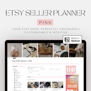 Puede incluir: Una plantilla digital Etsy Seller Planner para Notion mostrada en una pantalla. La interfaz presenta un esquema de color rosa, barra lateral de navegación, listas de tareas de proyectos y un widget de temporizador. Texto: ETSY SELLER PLANNER, PINK, Made for Notion.
