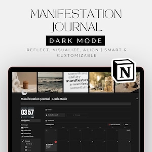 Könnte beinhalten: Ein Screenshot einer Manifestations-Journal-App im Dunkelmodus. Die App verfügt über einen Kalender, ein Navigationsmenü und einen Bereich für Dankbarkeitstagebuch. Die App soll Benutzern helfen, ihre Ziele und Träume zu manifestieren.
