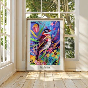COLORADO State Bird, Lark Bunting, Colorful Wall Art Poster - Museum quality print, Vibrant Home Decor, State Bird Art, 5 sizes, Birder Gift