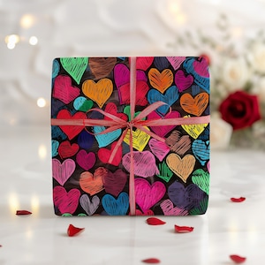 Valentines Gift Wrap, Colorful Hearts Wrapping Paper, Birthday Present Decoration, Holiday Gift Packaging, Joyful Gift Wrap