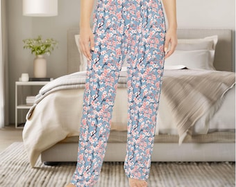 Women's Pajama Pants, Cherry Blossom Pattern Festive Loungewear PJ Bottoms, Fun Sleepwear for Her, Cute Lounge Pants, Great Gift Pajamas
