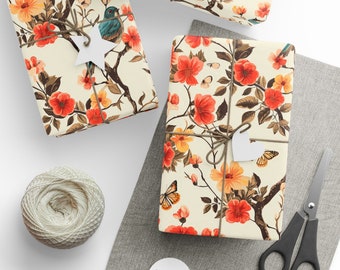 Vintage Bird Retro Floral wrap, Butterfly Gift Wrap, Nature Theme Wrapping Papers in 3 sizes and 2 finishes perfect for spring summer gifts