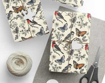 Vintage Bird Retro Floral wrap, Butterfly Gift Wrap, Nature Theme Wrapping Papers in 3 sizes and 2 finishes perfect for spring summer gifts